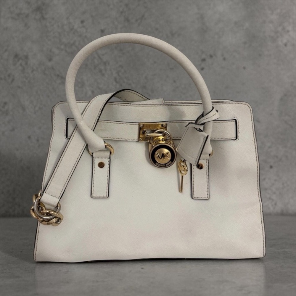 Michael Kors Hamilton White Saffiano Leather Satchel Gold Padlock Handbag